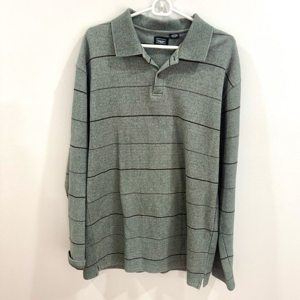 HAGGAR Men's Polo Classic Fit Long Sleeve Sage Green Cotton Top size XL